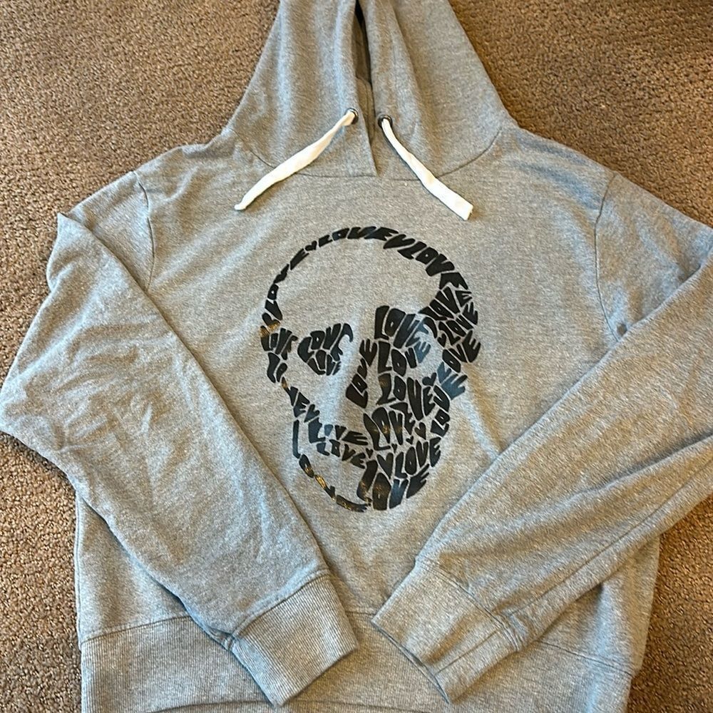 Chrldr Women’s Grey Hooded Sweatshirt with Love Skull Graphic - Size L